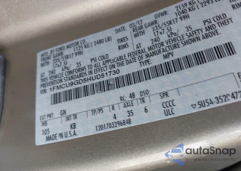 2017 Ford Escape Se из США, поврежденный, VIN 1FMCU9GD5HUD51730